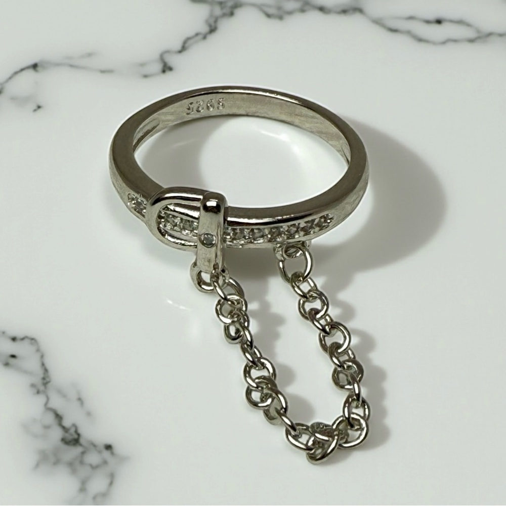 NWT Sterling Silver Belt Buckle Ring w/ CZ & Chain Detail, Size 6
